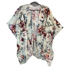 Woven Heart Floral Velvet Burnout Kimono Open Front Cardigan One Size Cream Wine